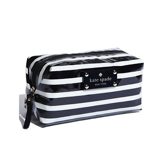 New Kate Spade Patent Leila Stripe Black and White Cosmetic Bag, 7” - Picture 1 of 8